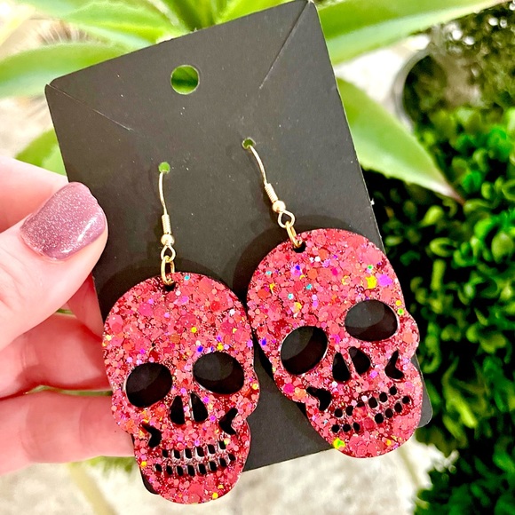 Pink Acrylic Skull Earrings - Picture 2 of 4